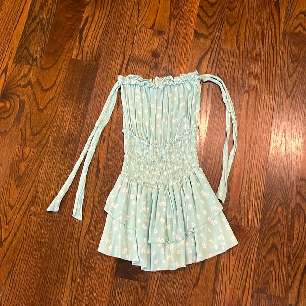 Mini romper that looks like a dress, strapless, teal